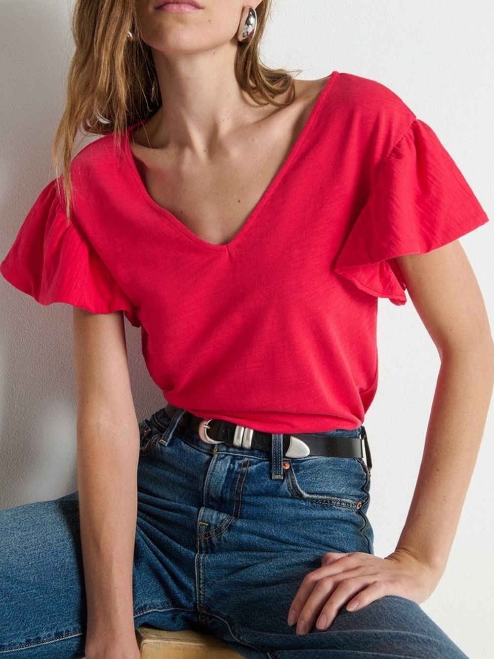 Nation LTD Emmy Flutter Sleeve V Neck Pima Cotton Top NWT